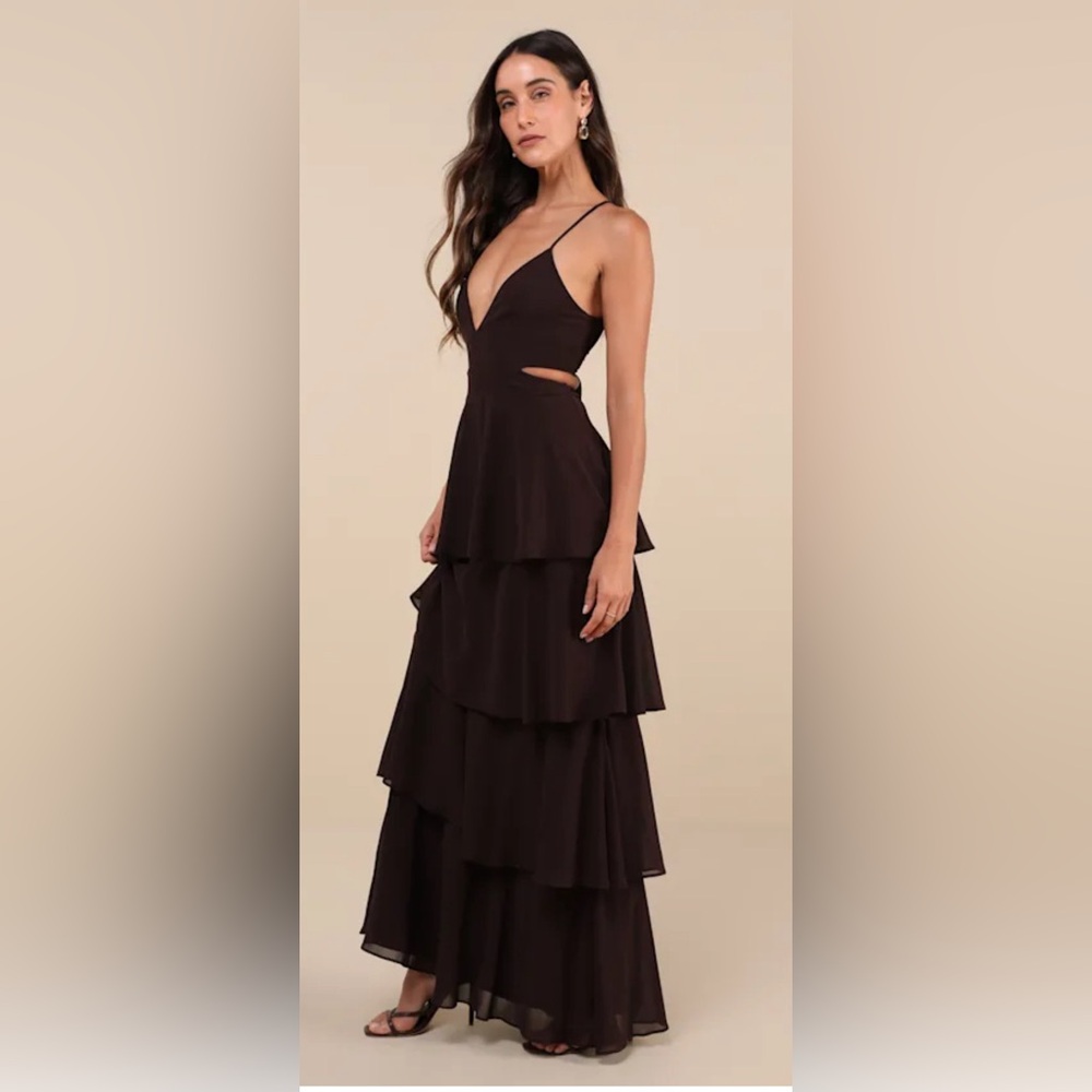 Lulu's Brown Cut Out Ruffled Maxi Dress